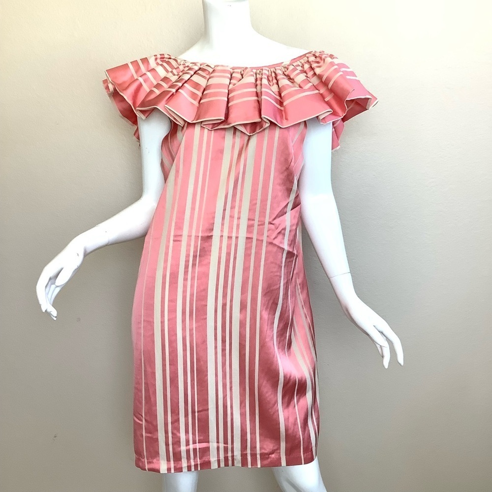 Trina Turk Coral Happy Elegant Coral Striped Ruffle Off-Shoulder Dress - Picture 4 of 11